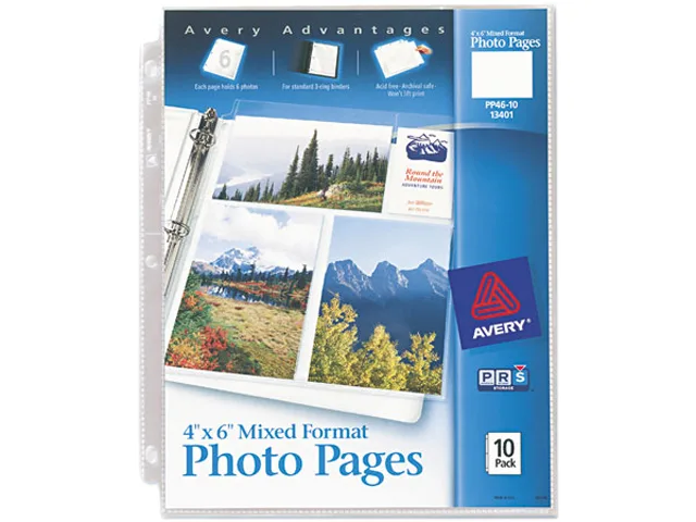 Clear plastic photo pages with six 4x6 pockets, three-hole punched, pack of 10