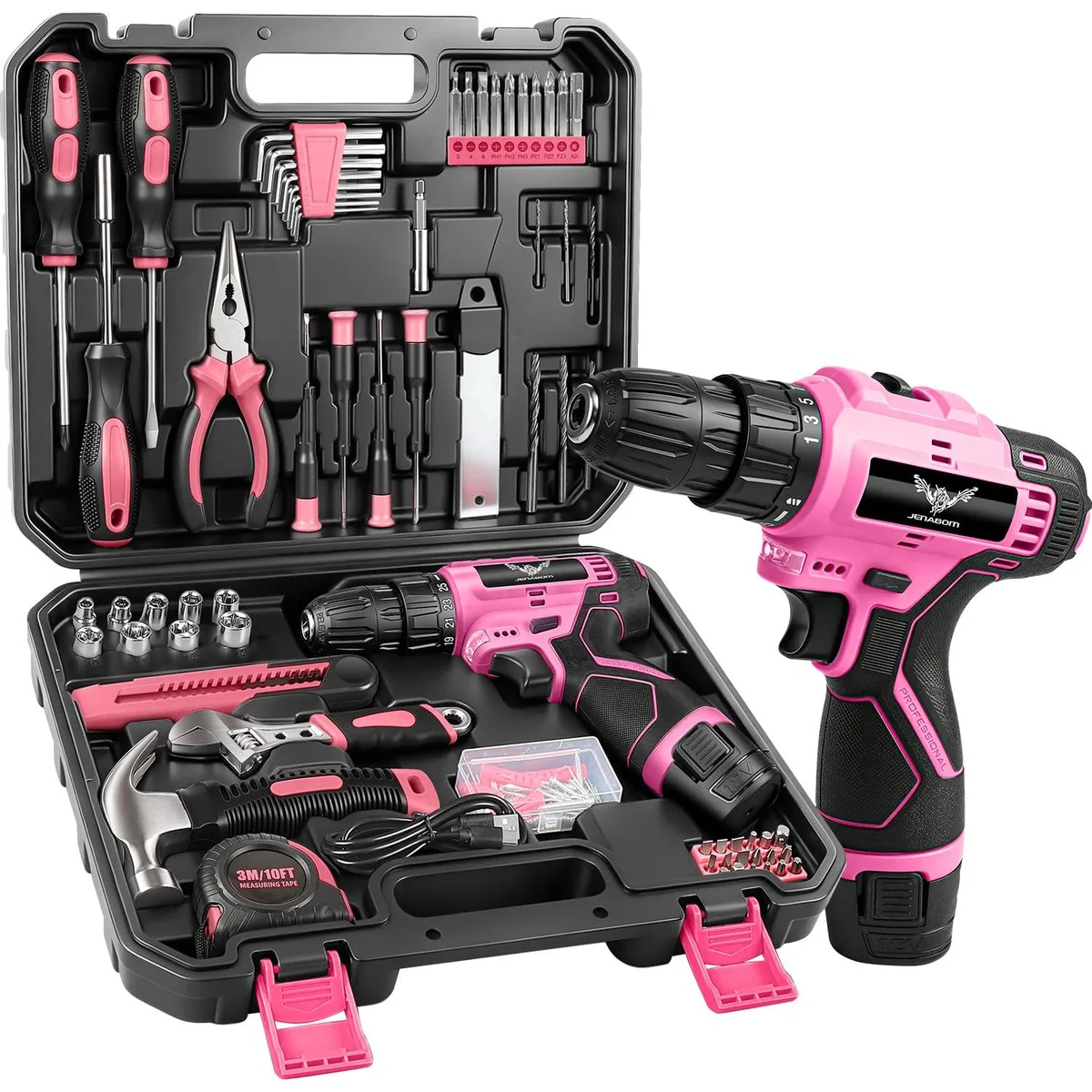 Pink 12V cordless drill in large 151-piece tool kit case