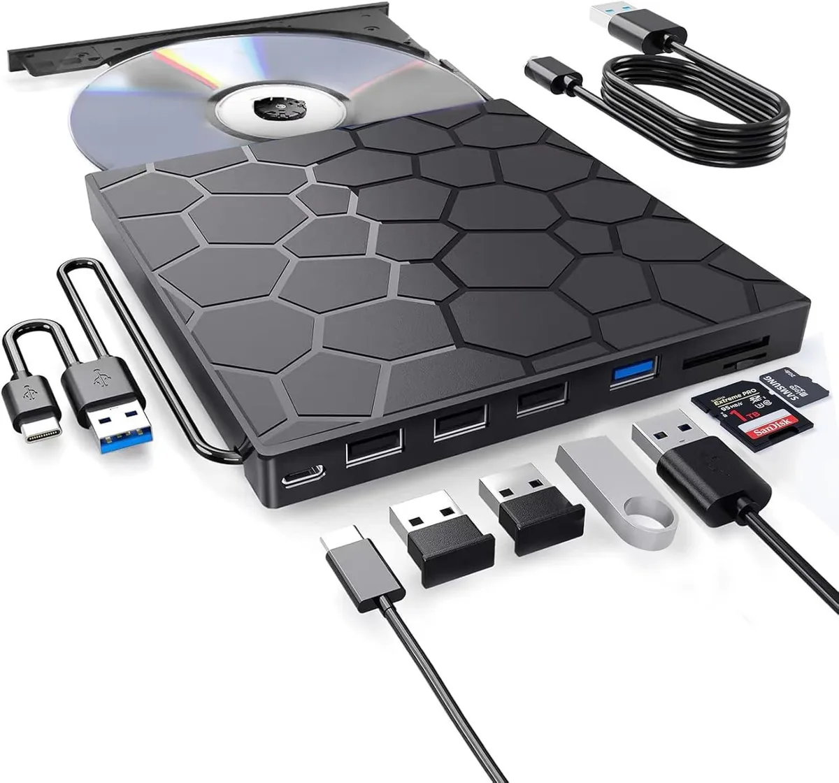 Rectangular silver external Blu-ray drive with front slot and multiple side ports