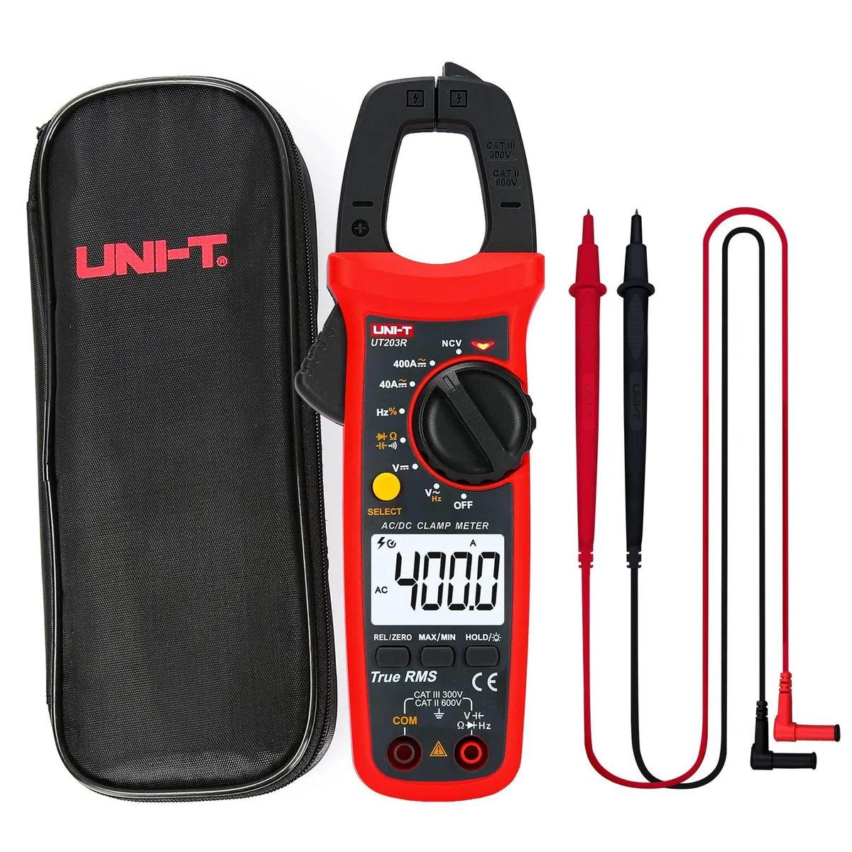 Handheld digital clamp meter with 28 mm jaw opening, rubber grip, and large LCD screen