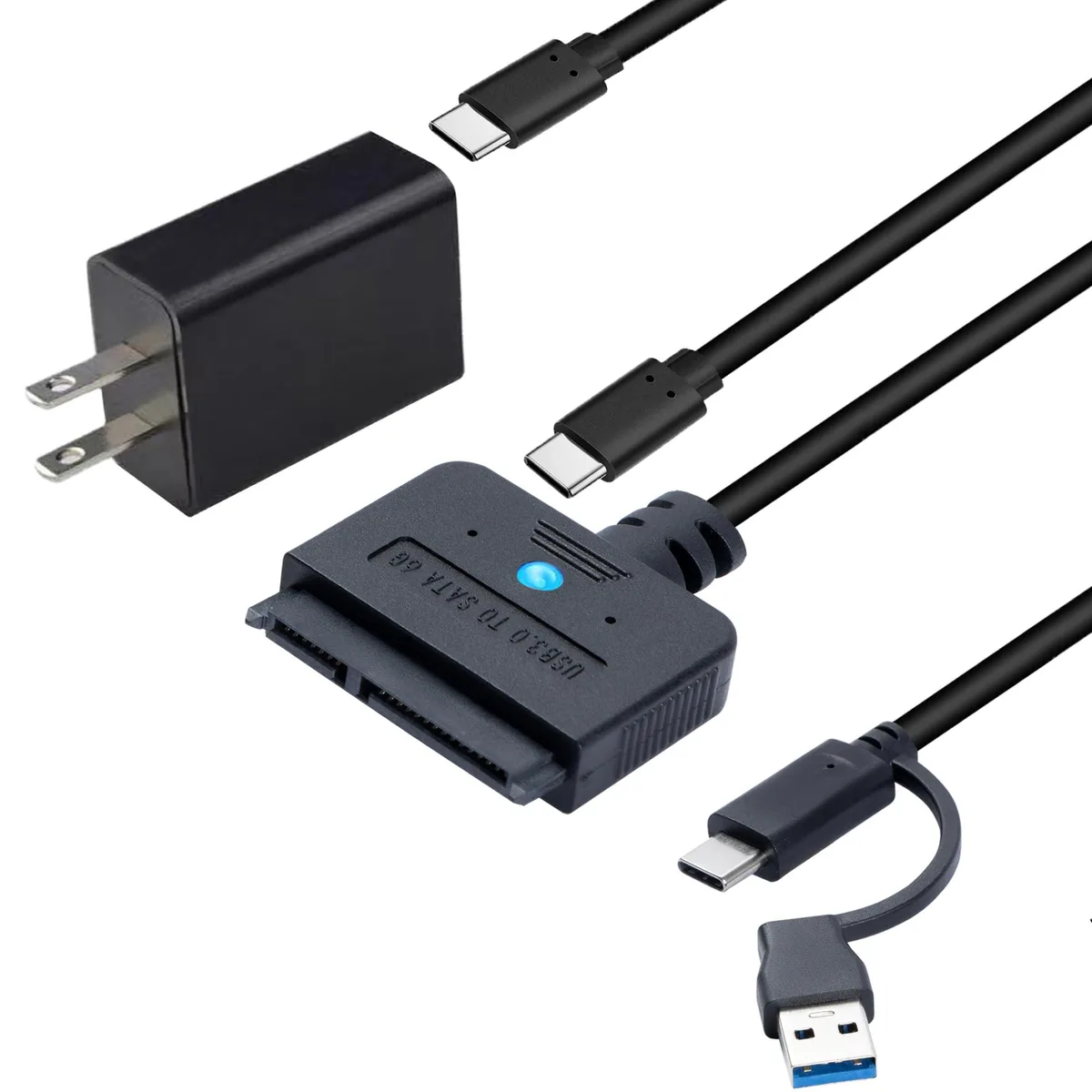 Black USB 3.0 to SATA adapter with dual USB-A and Type-C connectors, 30W power supply and 1.6ft cable
