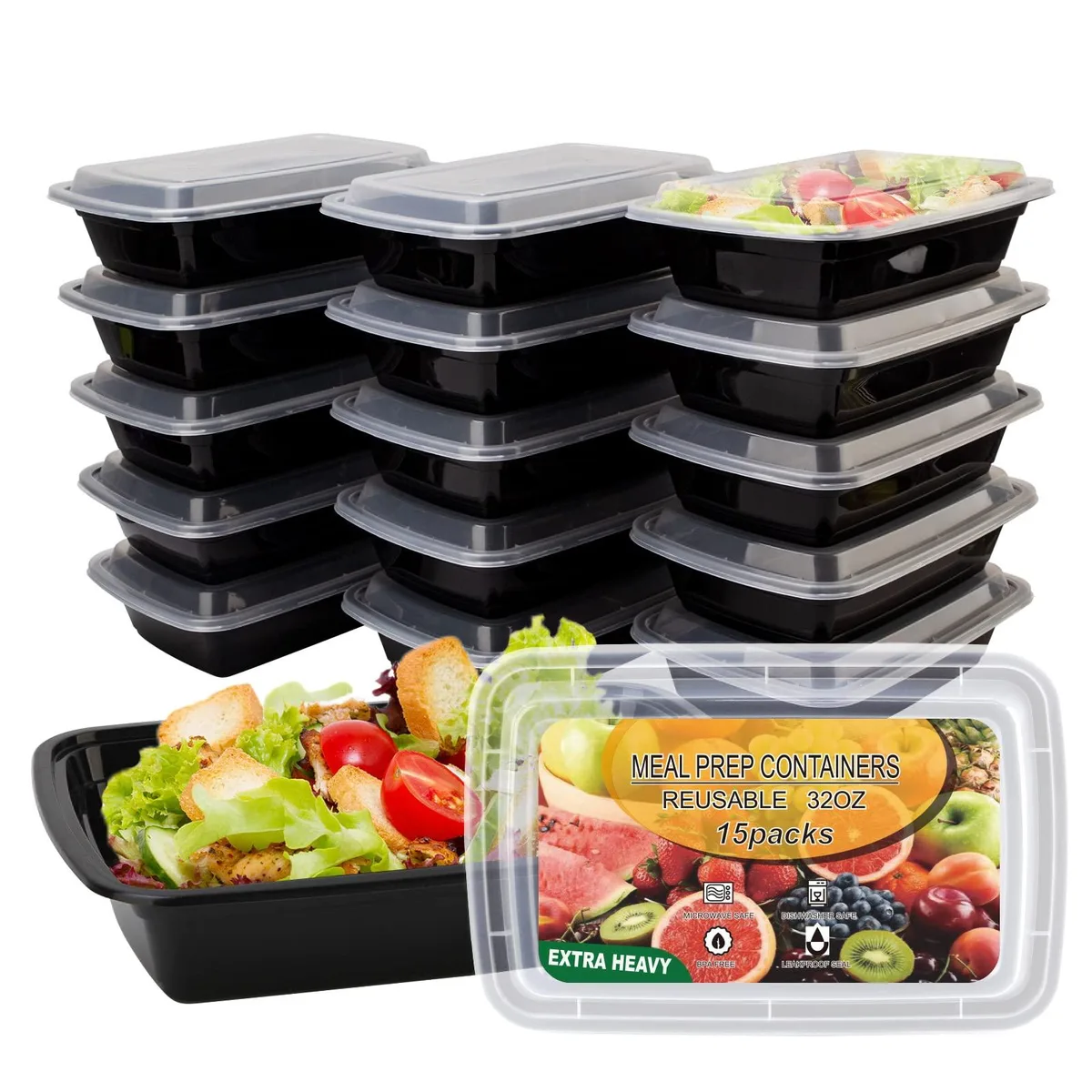 Fifteen black rectangular polypropylene food containers with matching lids in a stack