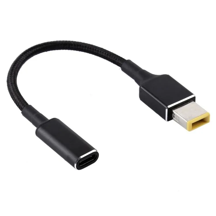 Short square-plug to USB-C adapter cable with nylon braid