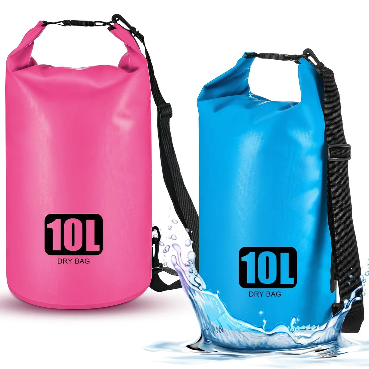 Two beige cylindrical PVC dry bags with roll-top closures and shoulder straps, floral pattern, 10L capacity
