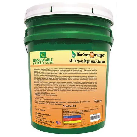 Metal pail with handle, labeled Renewable Lubricants 86644, 5 gallon capacity