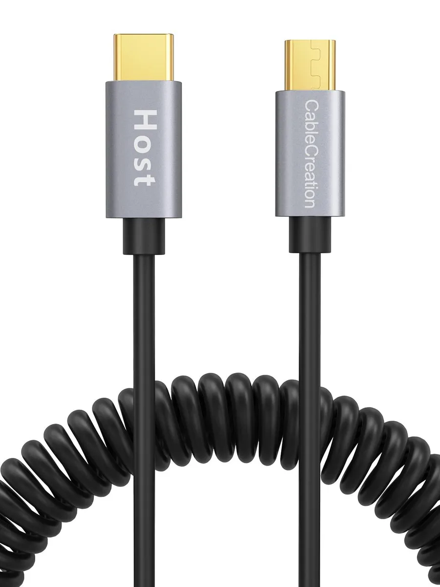 Black coiled USB-C to Micro USB cable, 1.2m, male-to-male connectors