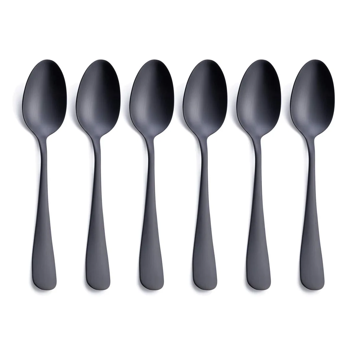Six matte black stainless steel teaspoons with satin finish, 6.8 inches long
