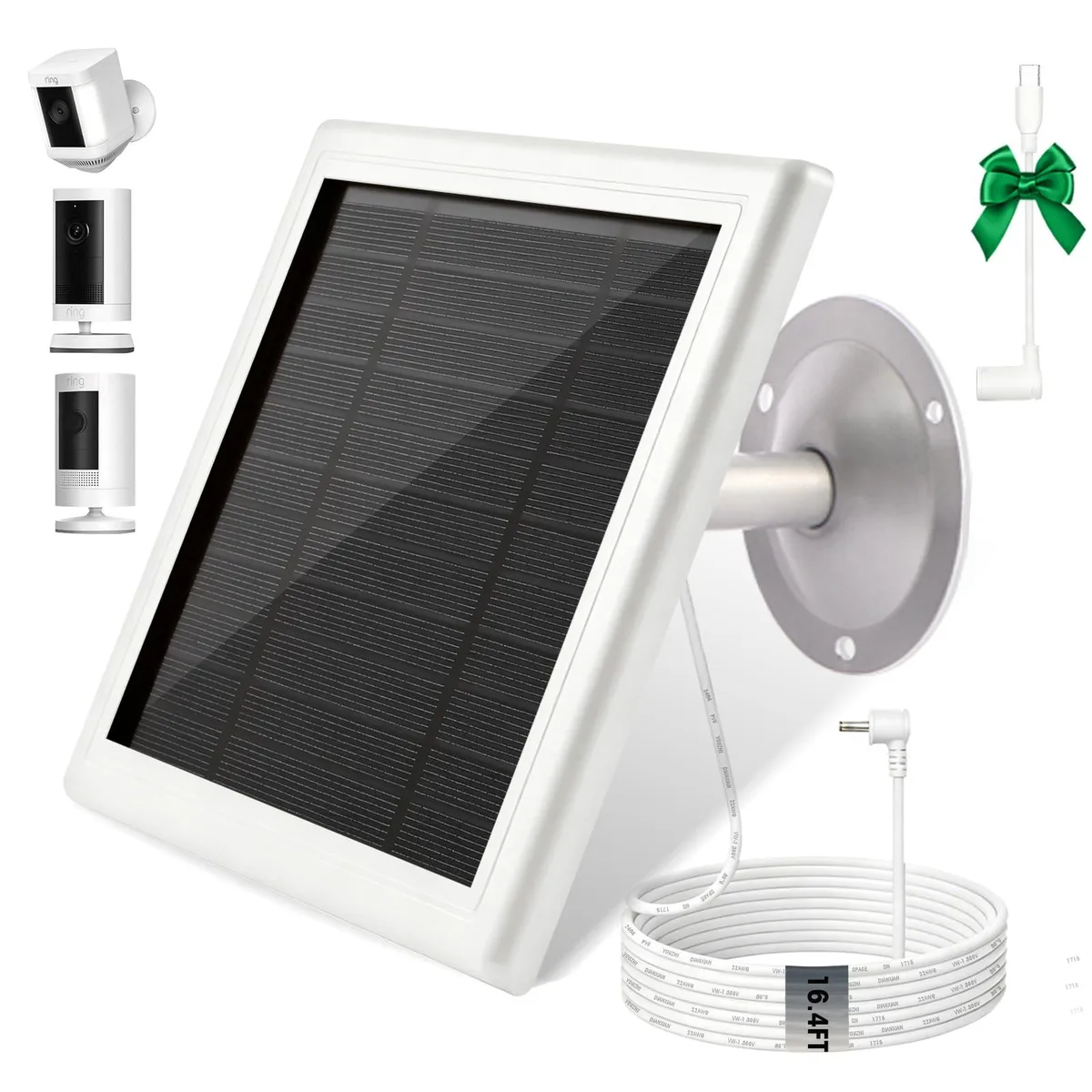 White rectangular solar panel with adjustable bracket and 16.4ft cable
