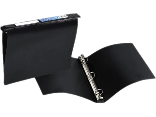 Black poly binder with retractable hanging hooks, 1 inch round rings, spine label window