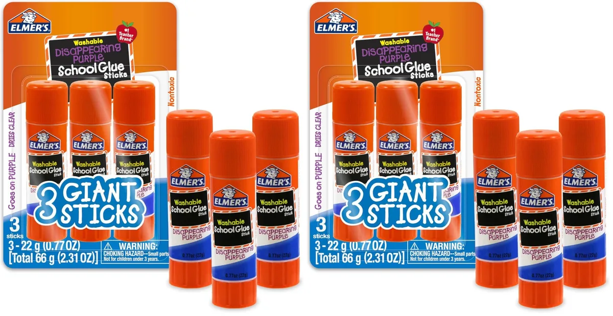Six purple glue sticks in a rectangular pack, each stick showing its twist-up applicator