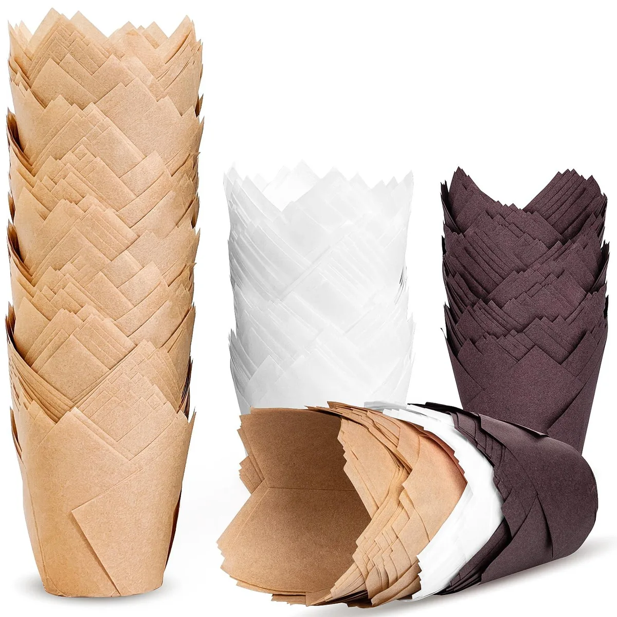 Pack of 200 tulip cupcake liners in natural, brown and white parchment paper