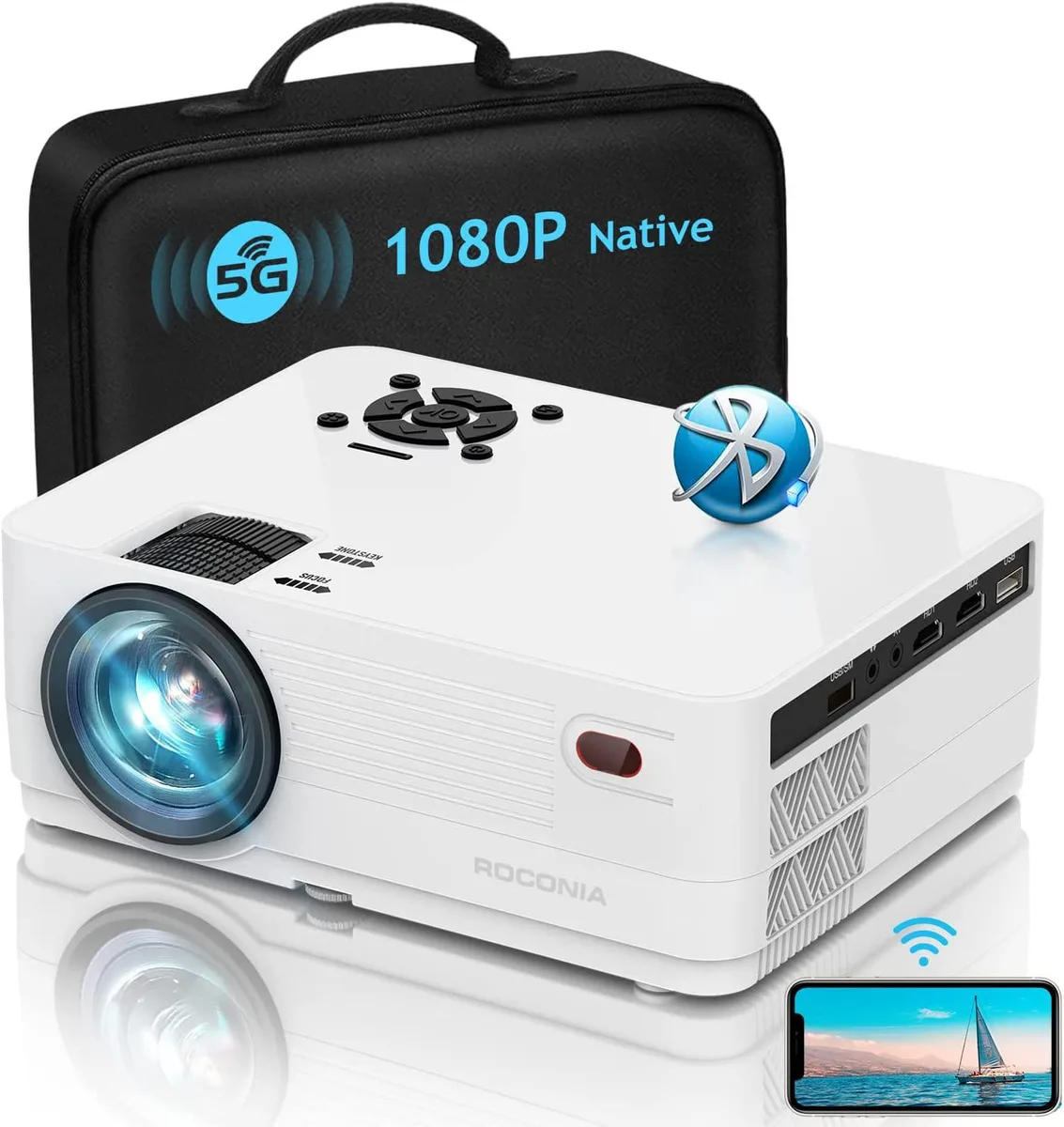 White rectangular projector with front lens and top controls