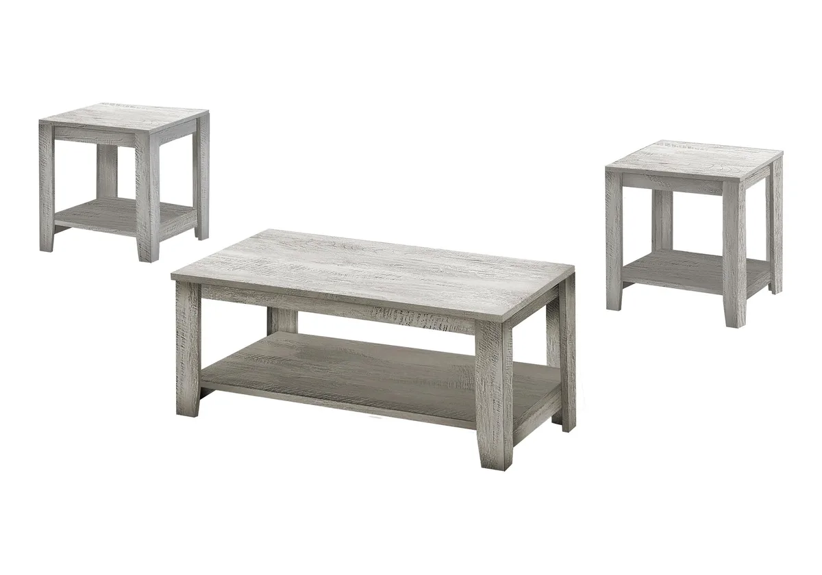 Three-piece occasional table set in grey laminate finish with lower shelves