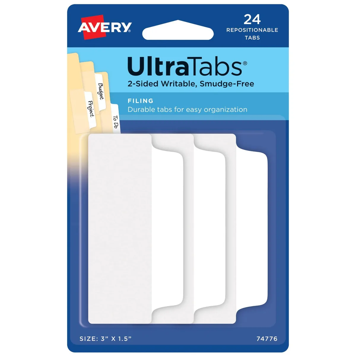 White rectangular filing tabs, 24 pack, clear adhesive body with writable surface