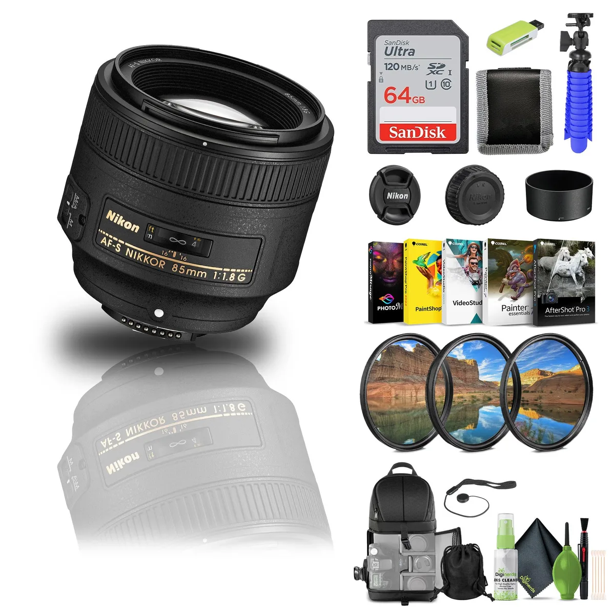 Nikon Inc Nikon AF-S NIKKOR 85mm f/1.8G camera lens bundle with 64GB card — product photo