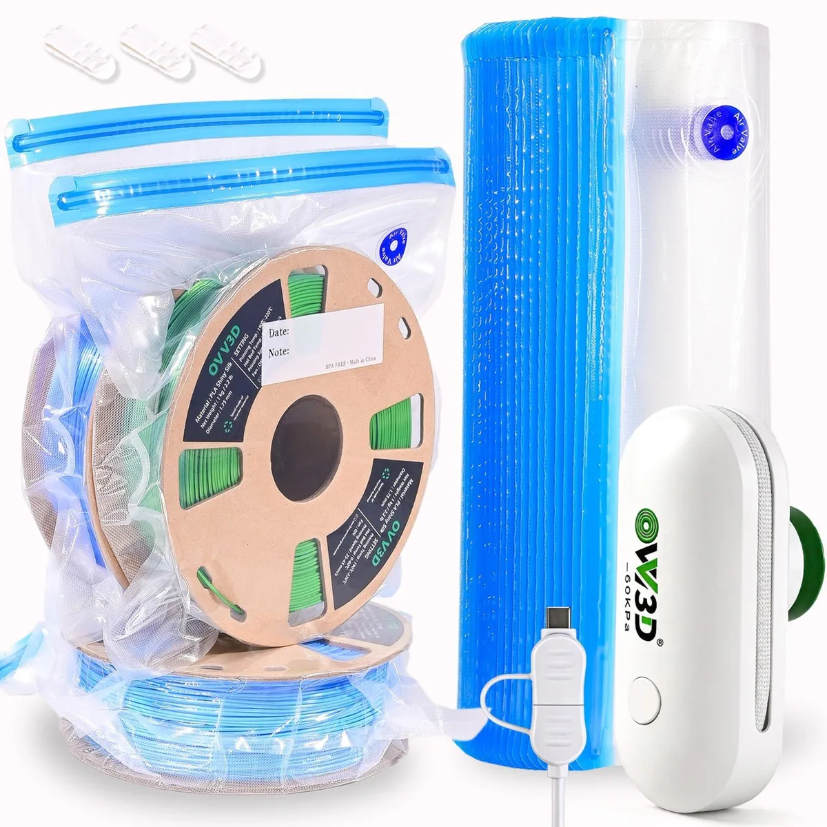 Thirty transparent rectangular vacuum bags stacked beside a compact USB-C pump