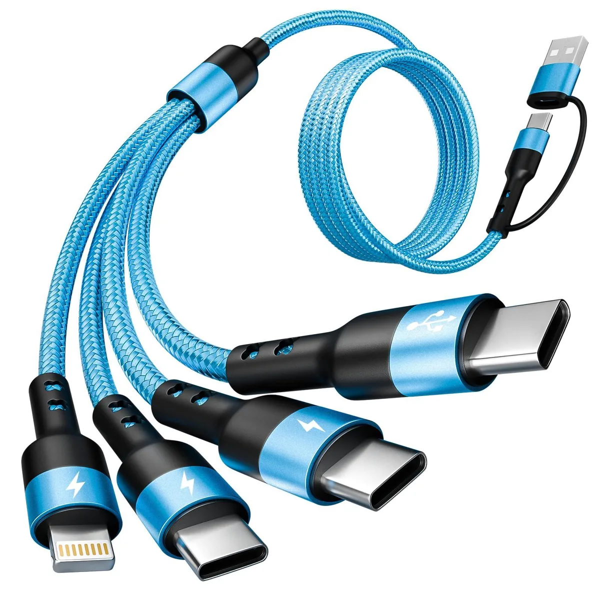 Blue 4-in-2 multi charging cable with USB-A and USB-C plugs and four interchangeable tips