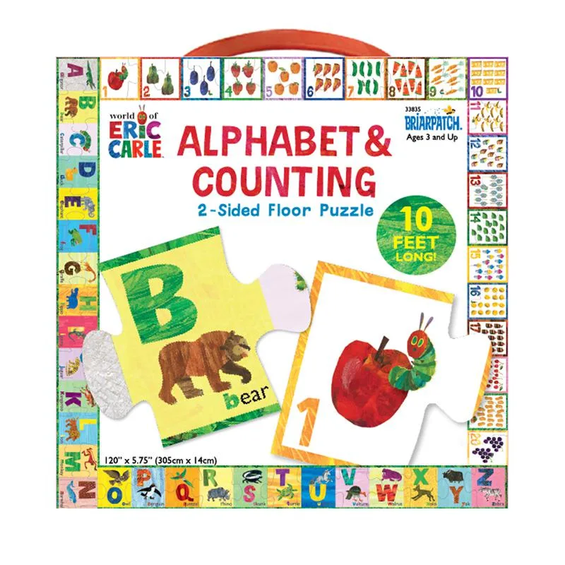 Large rectangular 26-piece cardboard floor puzzle with Eric Carle artwork on both sides, 10 feet long when assembled