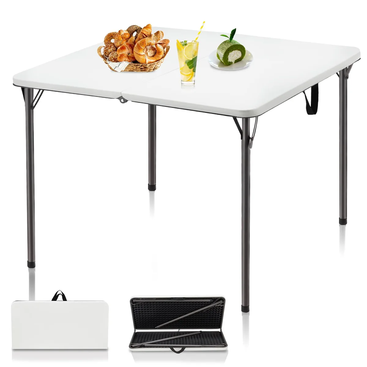 White square folding table with collapsible legs and carry handle