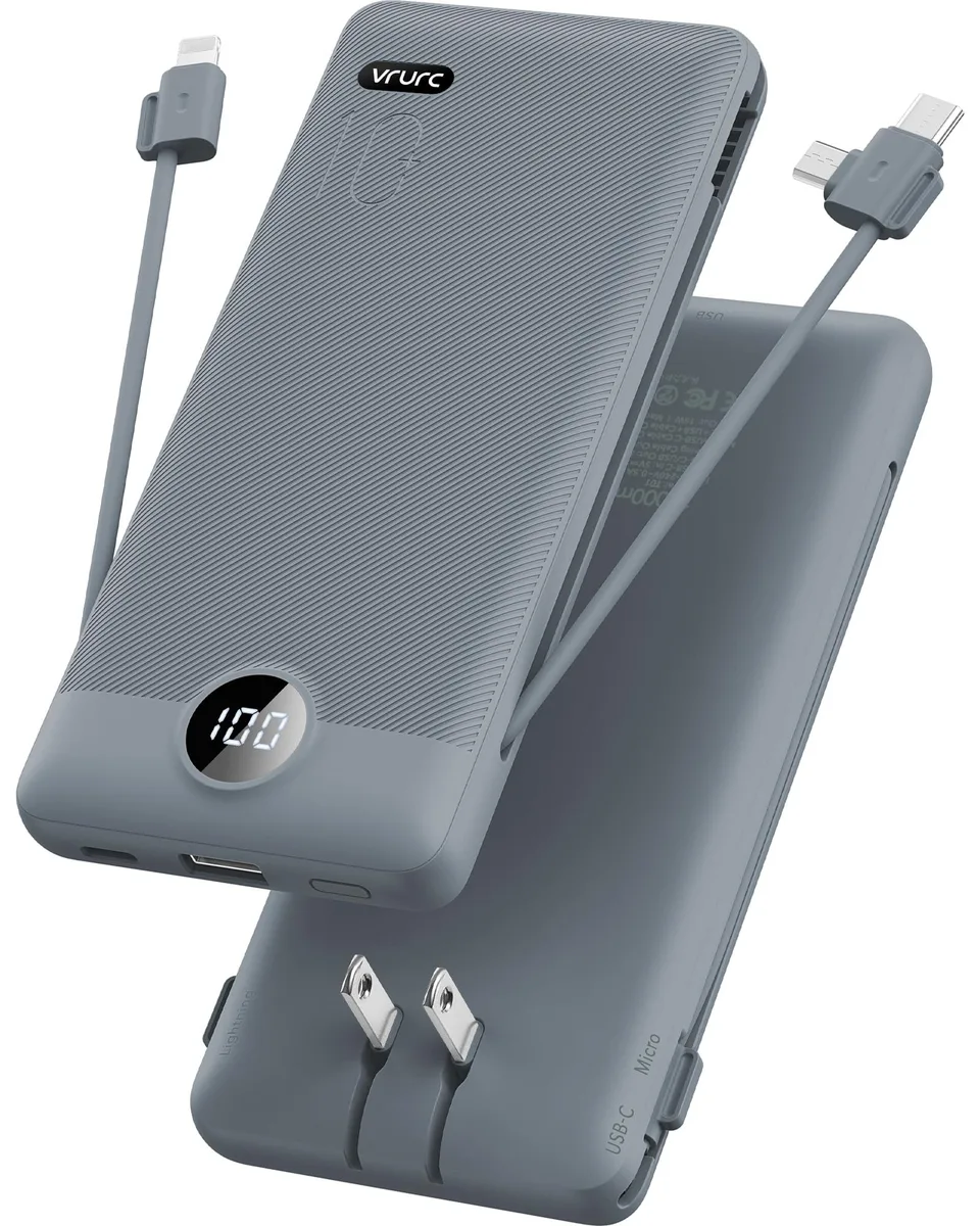  VRURC T01 10000mAh power bank with built-in cables and AC plug — product photo
