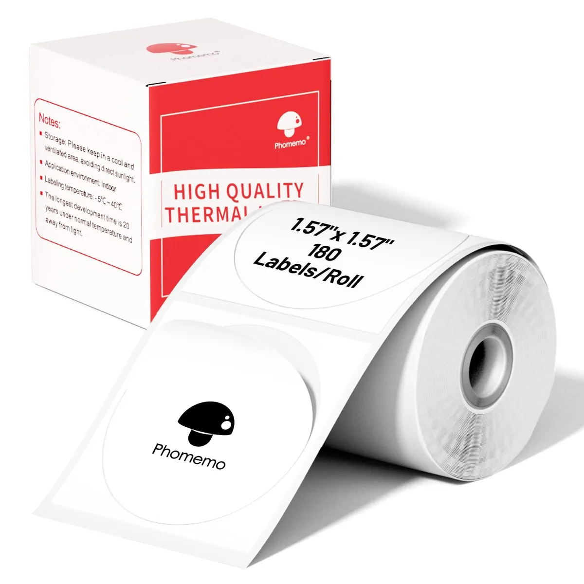 A roll of white circular PVC labels, 40mm diameter, 180 labels per roll