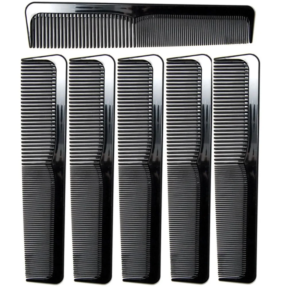 Six black plastic combs, nine inches long, fine and wide teeth, lightweight, manual use