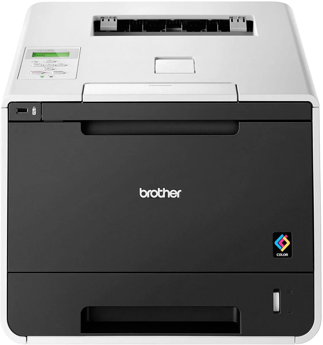 Boxy white office laser printer with front paper tray and control panel