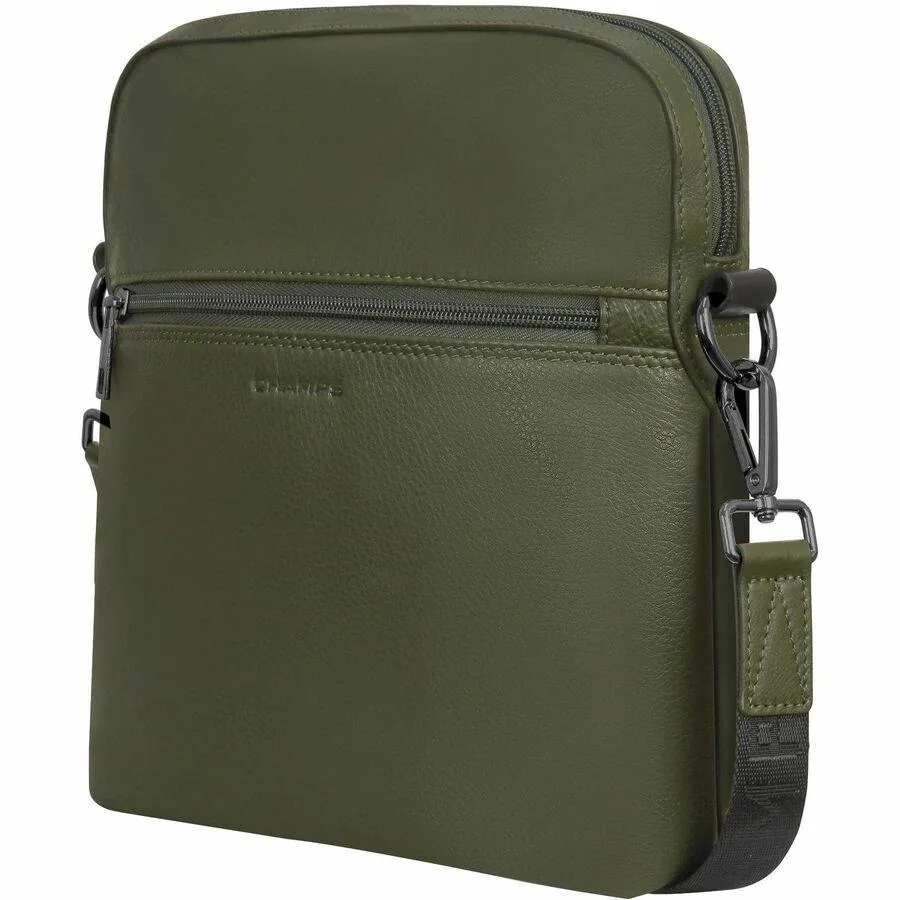 Khaki cross-body bag in top-grain cowhide leather with gun-metal hardware and shoulder strap