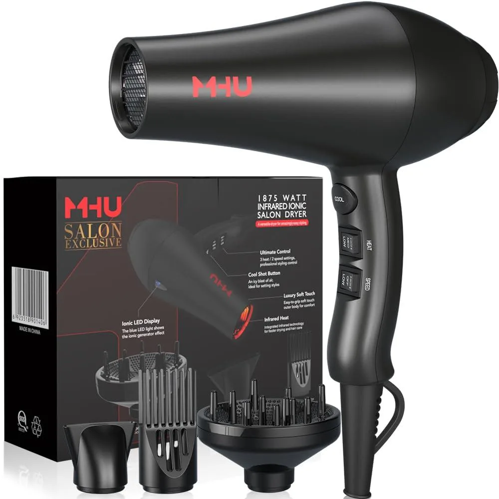 Black hair dryer with concentrator, diffuser and comb attachments