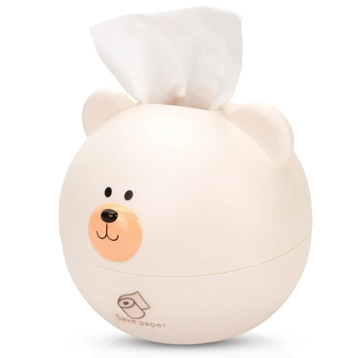 White plastic bear-shaped tissue box cover with round head, 15.5cm x 17cm