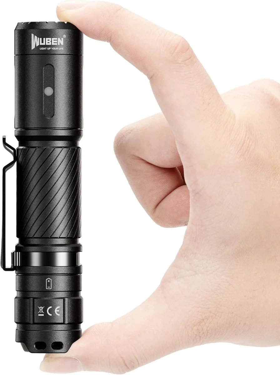 Compact aluminium torch with textured grip and Type-C port, IP68 rated