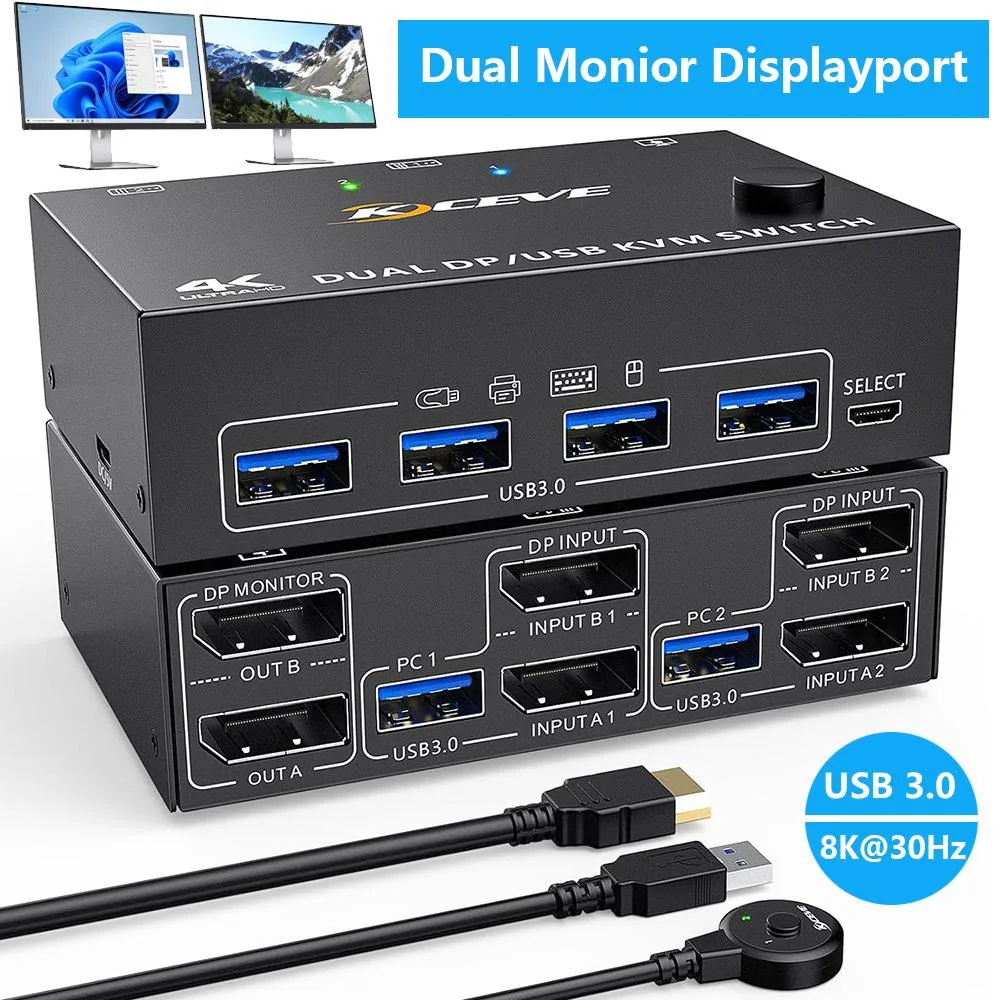 Hitoor Hitoor Dual Monitor DP KVM Switch 2×2 8K30 4K144 USB 3.0 Wired Remote — product photo