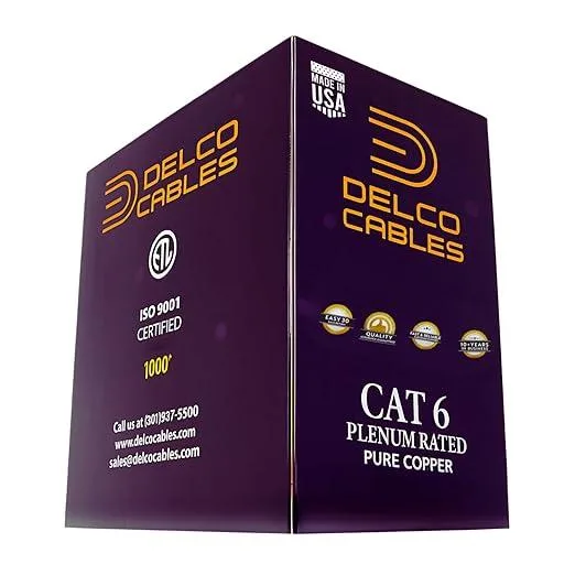 Boxed 1000 ft bulk Cat6 plenum cable reel, black jacket