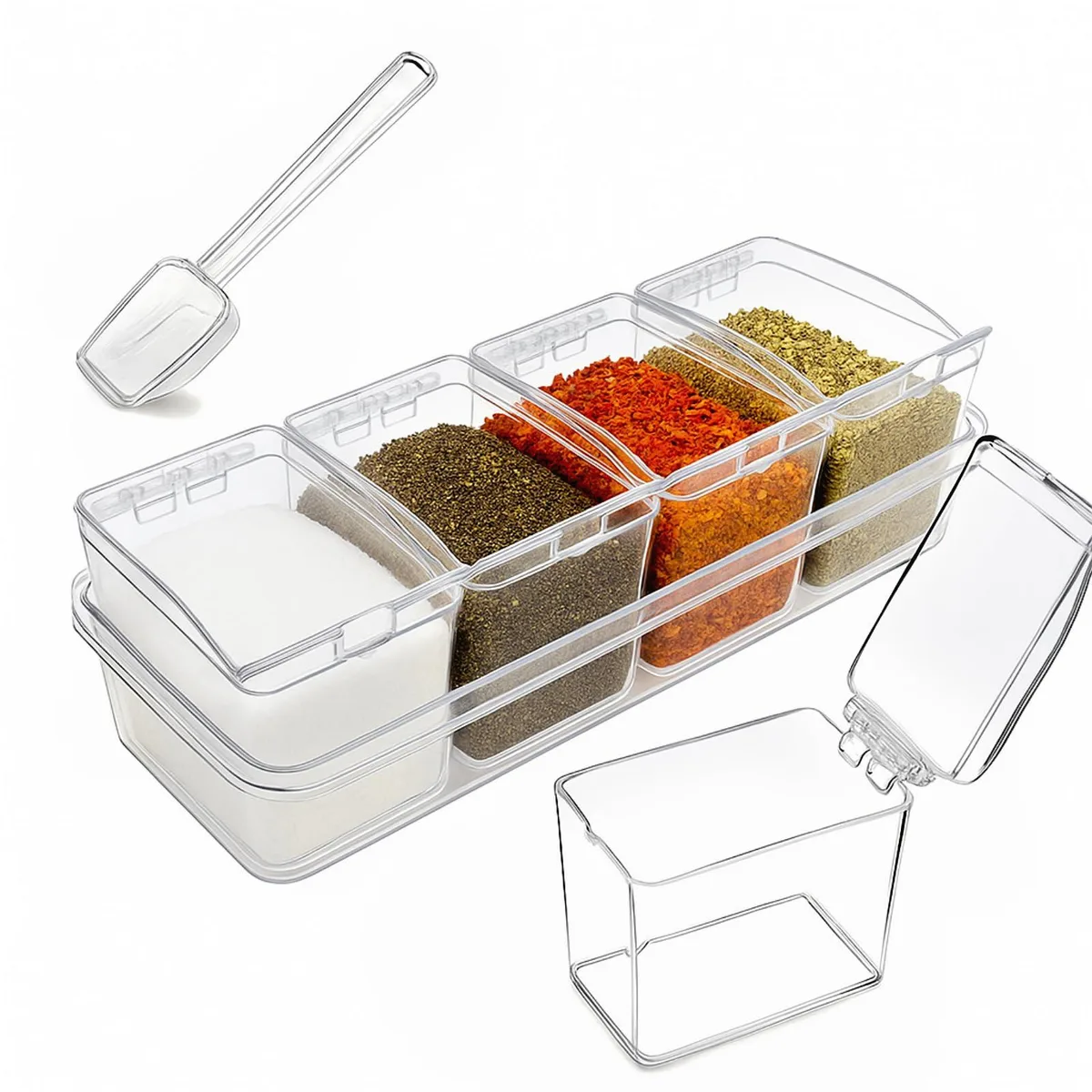 Four red acrylic seasoning boxes with lids and spoons on a tray