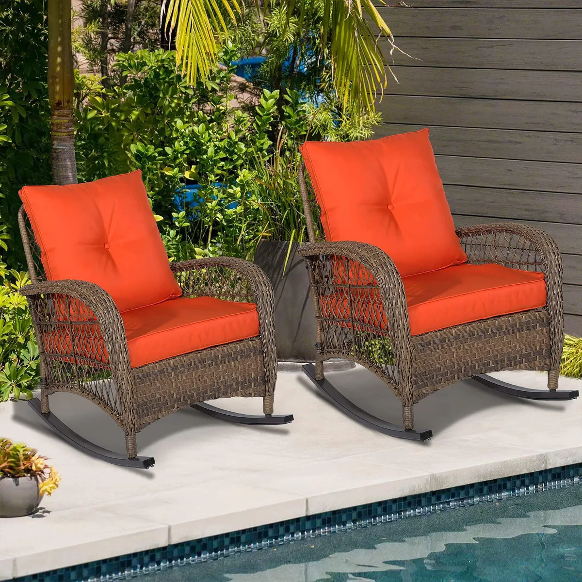 MEETWARM MEETWARM Wicker Rocking Chair Orange Cushions Set of 2 — product photo