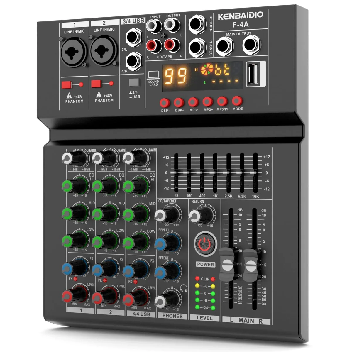 Numark 4 Channel DJ Mixer 99 DSP 7-Band EQ Bluetooth 48V Phantom Power — product photo