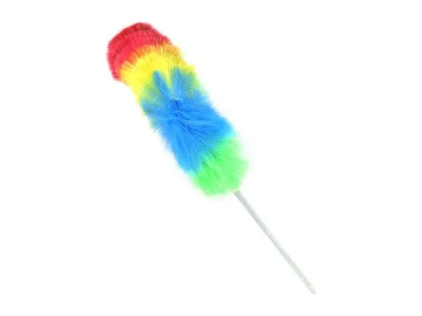 Telescoping duster with synthetic feathers, extends 32 to 44 inches, transparent handle