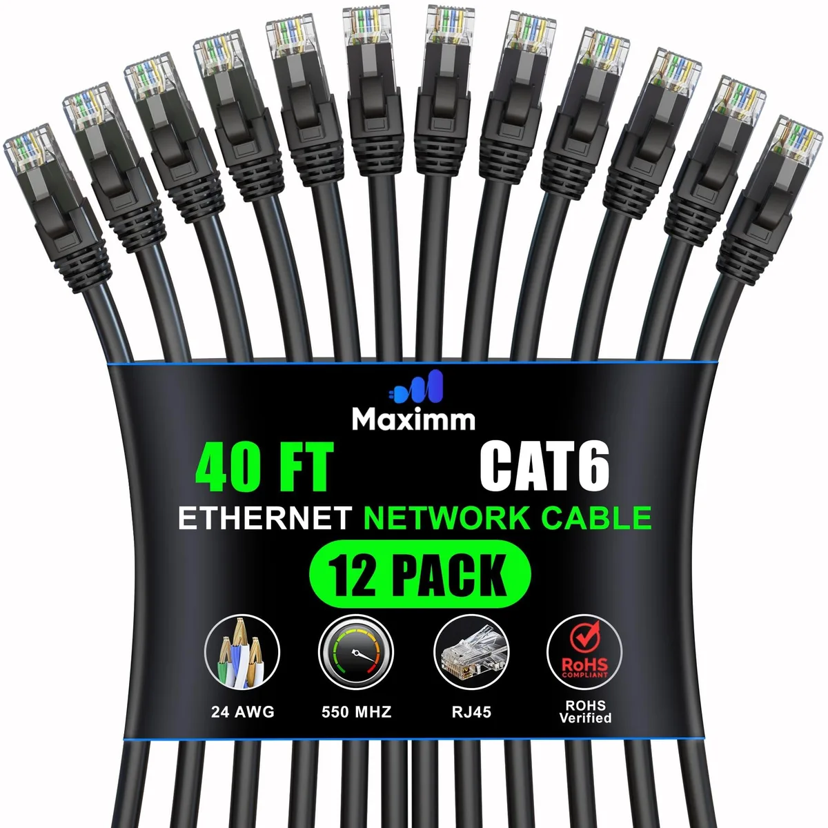 Twelve black Cat 6 Ethernet cables, each 40 ft long, with gold RJ45 connectors and snagless boots