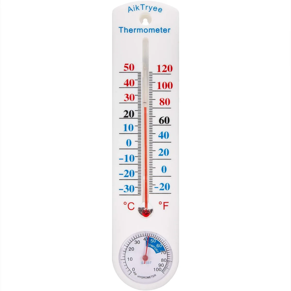 White analog thermometer hygrometer with dual dials and kickstand