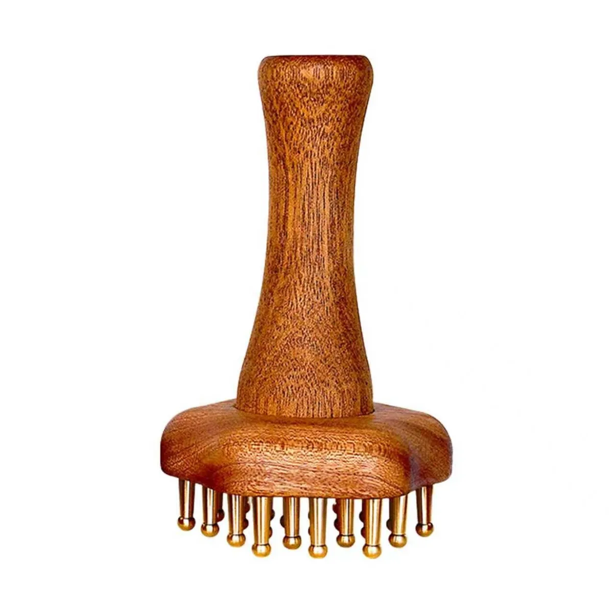 Rosewood-handled copper massage comb with 24 brass teeth, rectangular head
