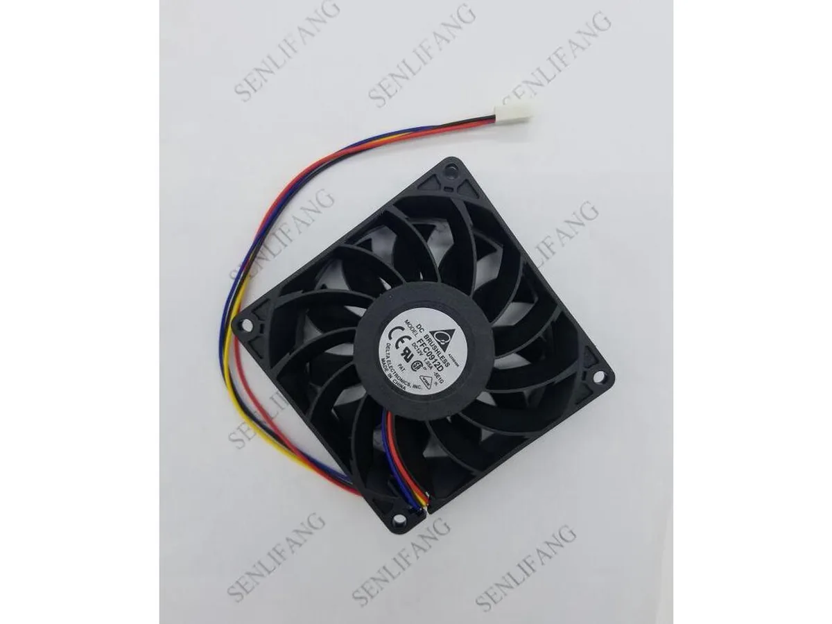 Square 90 by 90 by 25 millimetre DC 12 volt server fan with black frame and blades