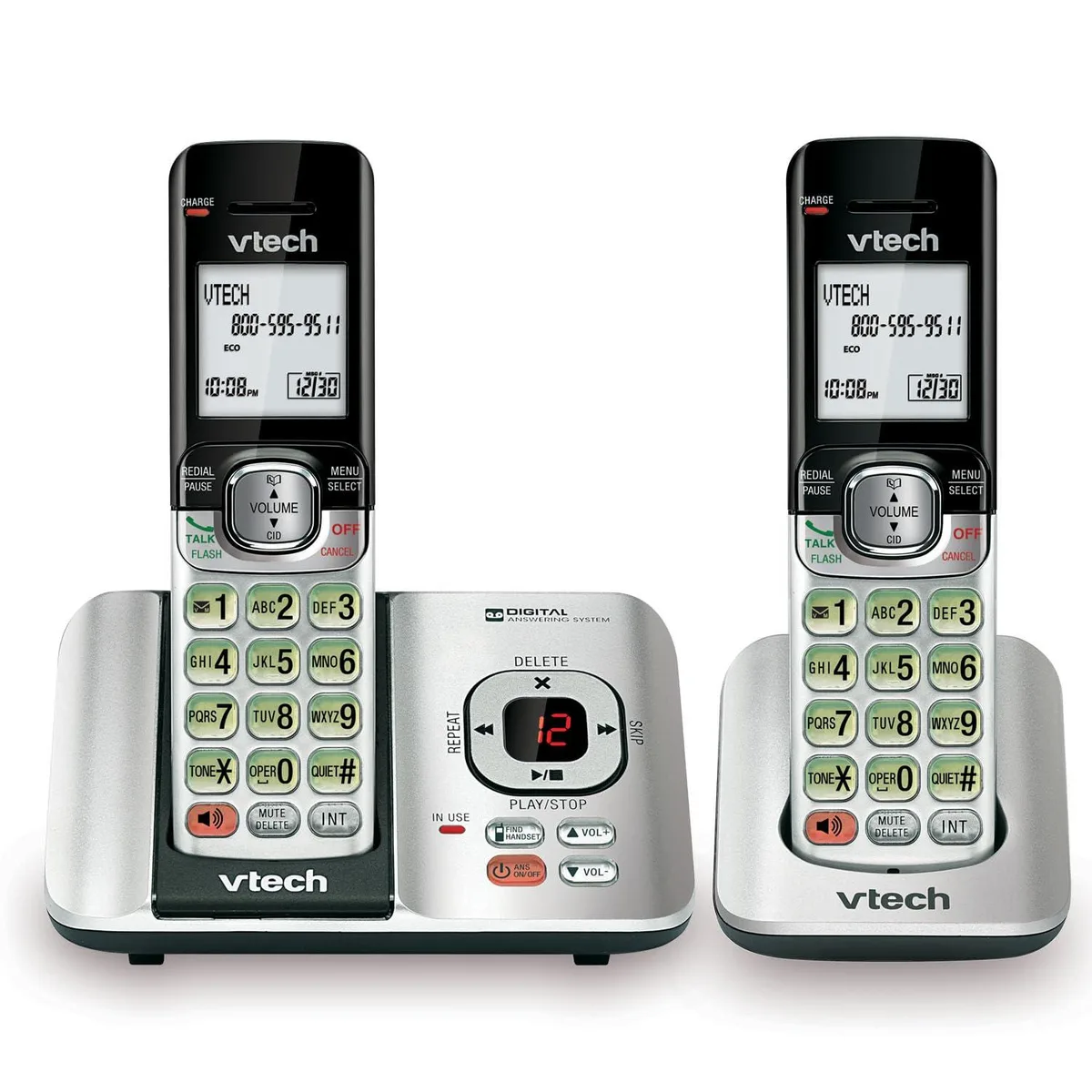 Silver and black corded base with two matching cordless handsets, backlit keypads and LCD screens