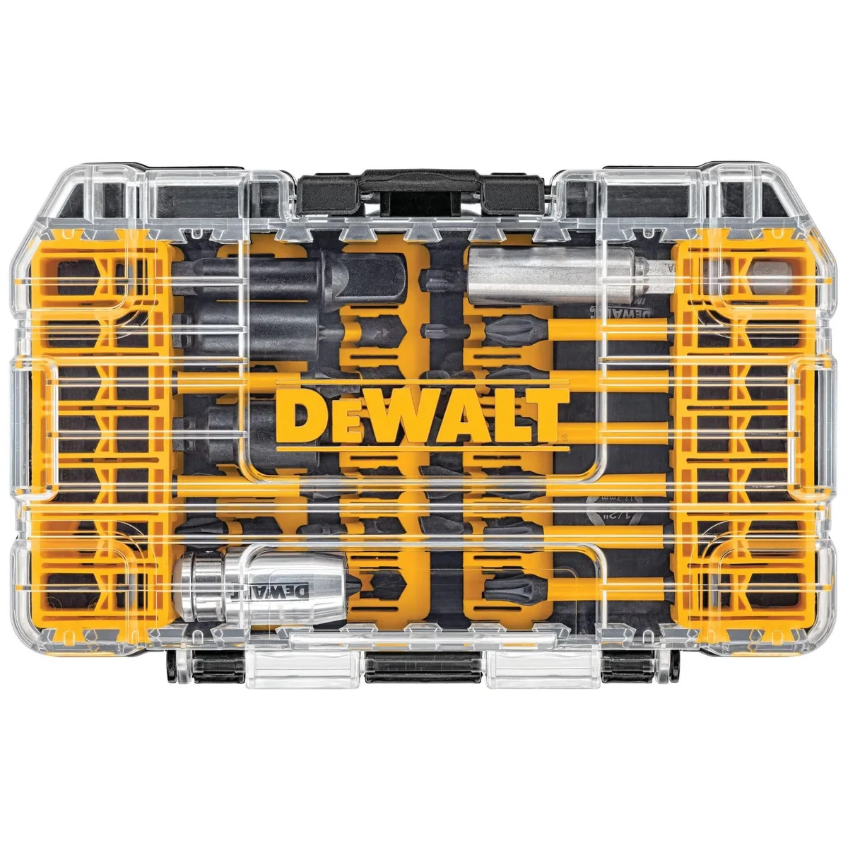 Chrome-finished 40-piece screwdriver bit set in clear-lidded connectable storage case