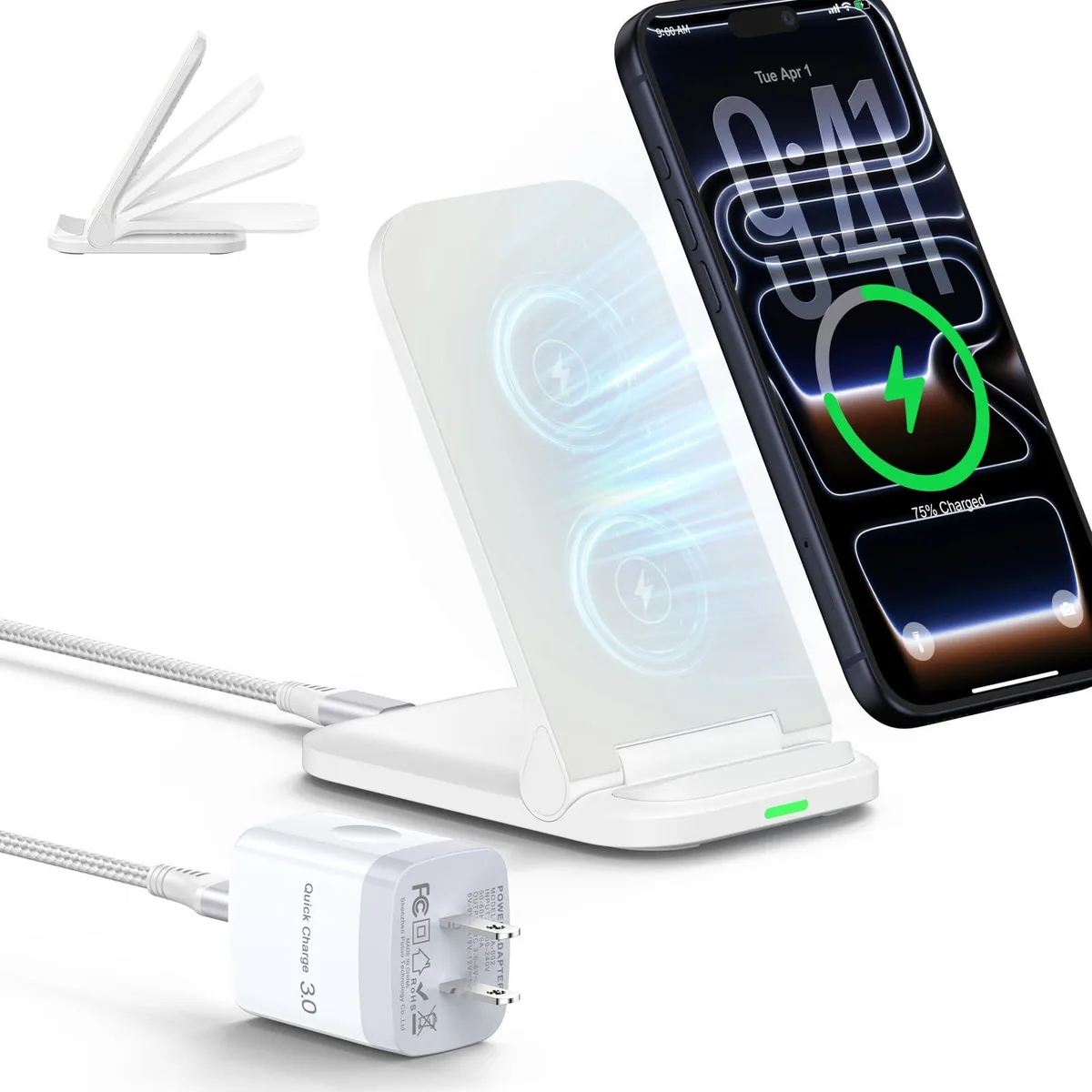  HOOTEK s15W 15W foldable wireless charger stand with QC3.0 adapter — product photo