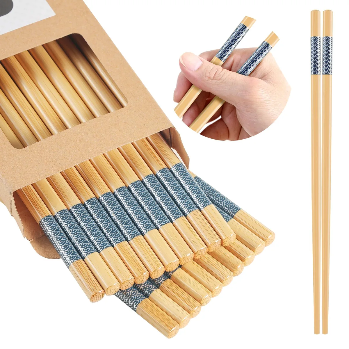 Ten pairs of black bamboo chopsticks with cloud pattern, 9.45in long