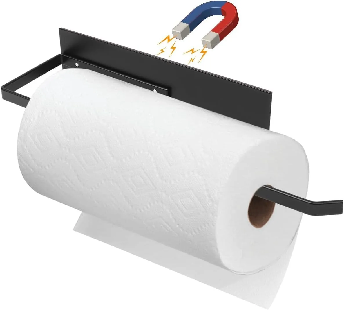 Magnetic paper towel holder, silver metal bar with circular ends, shown attached to a fridge