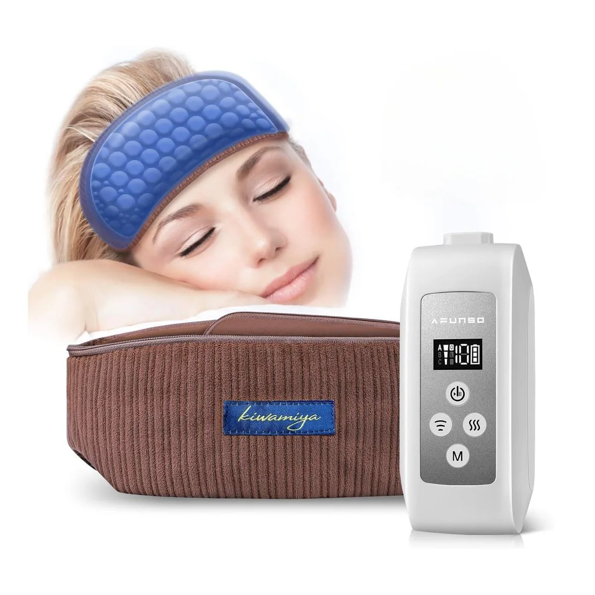 Brown coral fleece pneumatic massage headband with airbag compression and warm compress