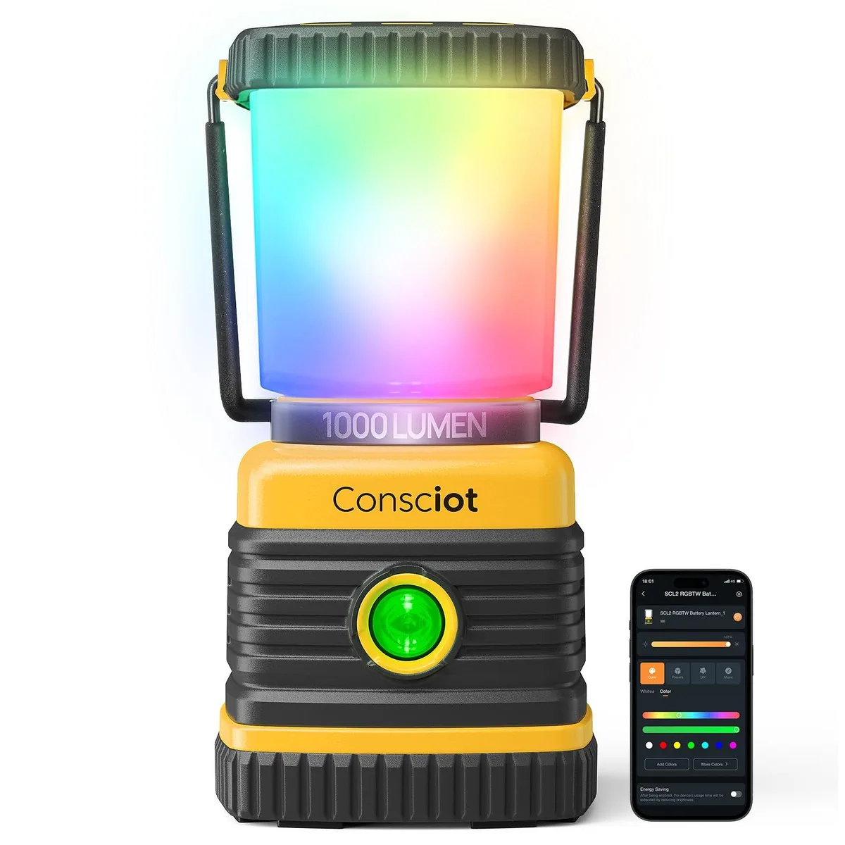 Yellow cylindrical lantern with black accents, battery-powered, app-controlled RGBTW LED light