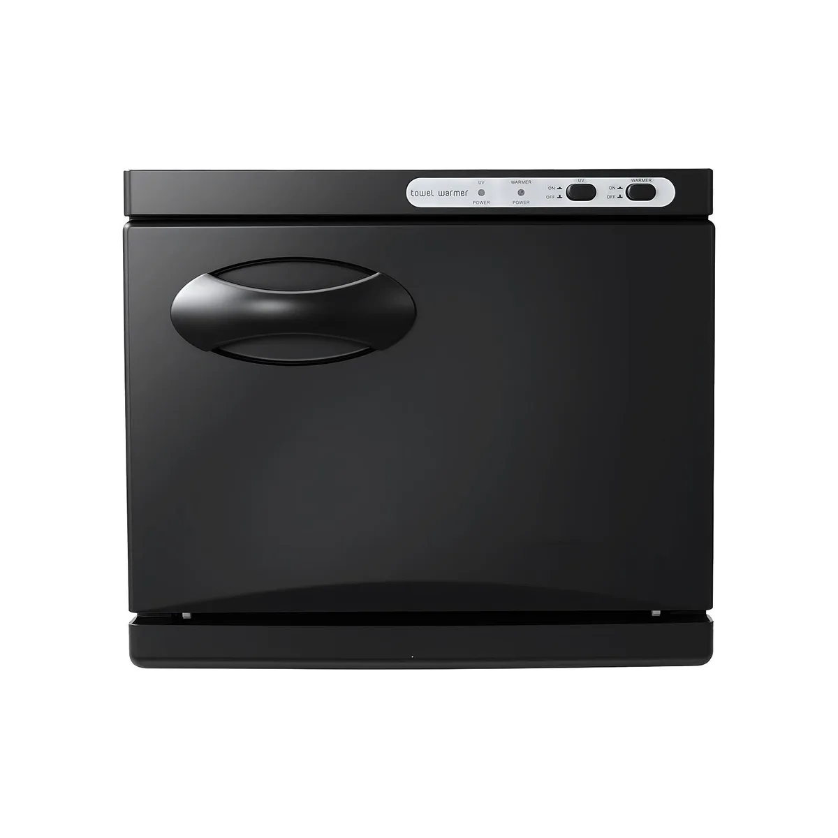 Black box-shaped towel warmer cabinet with single door and stainless steel rack