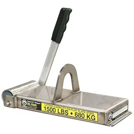 Rectangular red lifting magnet with black pry-off handle and top bail, 14 1/2 in long